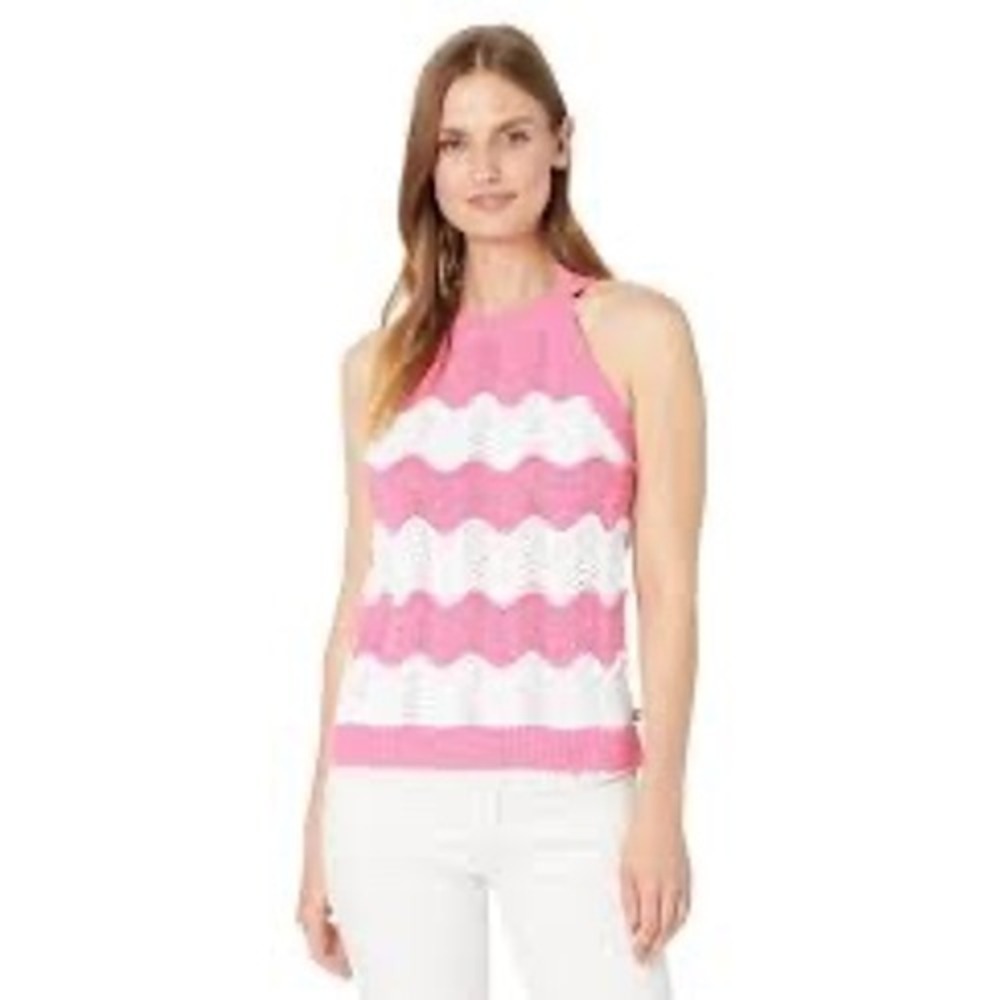 Tommy Hilfiger Womens‎ Pink White Chevron Pointelle Knit Halter Tank Top Large